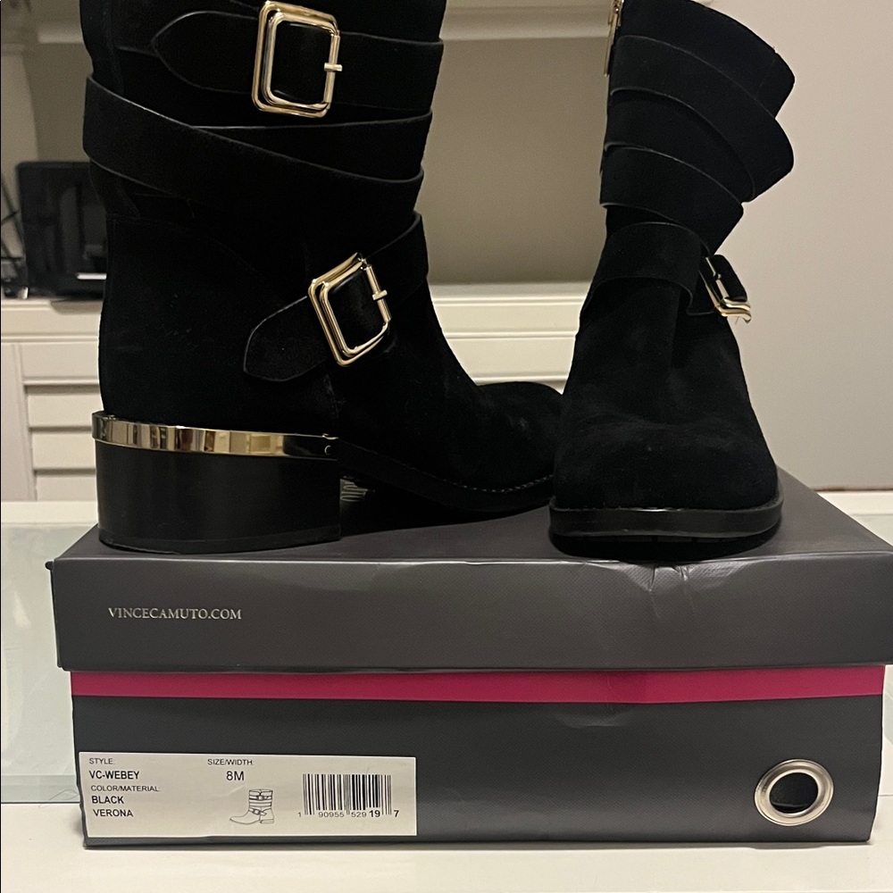 Vince Camuto Black Heeled Boots with Gold Accents